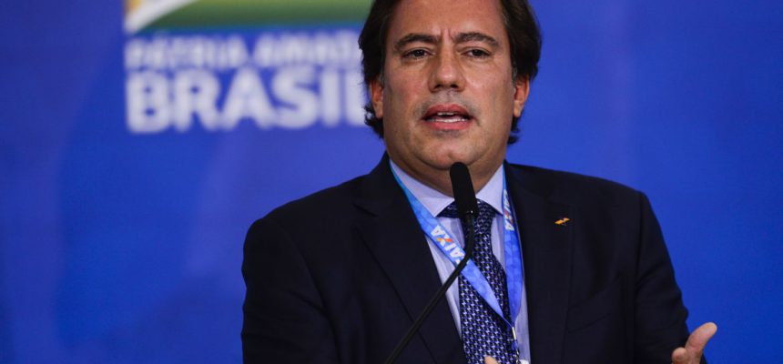 O presidente da Caixa, Pedro Guimarães, durante a cerimônia de anúncio de contratos de patrocínio da Caixa e das Loterias Caixa com as confederações brasileiras de Atletismo, de Ginástica e de Skate e com o Comitê Paralímpico Brasileiro.