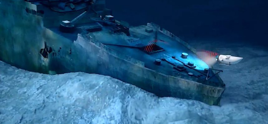 19/06/2023 - A empresa OceanGate, que faz expedições até os destroços do navio Titanic, anunciou que o submarino utilizado para levar turístas até o local onde estão os restos do navio, desapareceu no Oceano Atlântico. Frame da animação 3D, promocional, do submarino que dasapareceu da empresa Oceangate, scaneando o Titanic. Foto: Oceangate